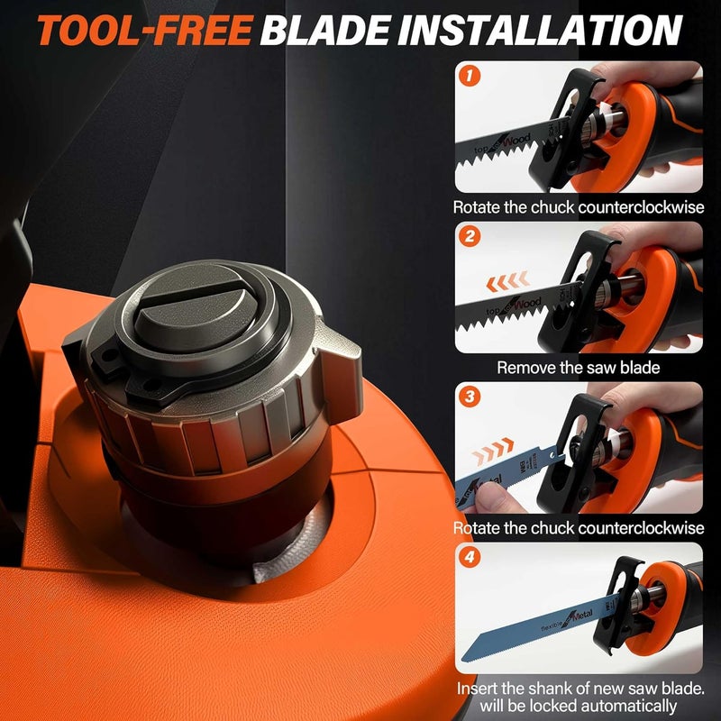 RAYLEEY Cordless Reciprocating Saw Compatible With DEWALT 20V LI-ION Battery.Electric Sierra Recíproca With Brushless Motor And 4 Blades、Tools-Free Blades Install.0-3500RPM Recipro sawzall For Wood/Metal/PVC. - Image 3